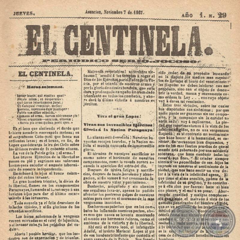 EL CENTINELA Nº 29 PERIÓDICO SERIO..JOCOSO, ASUNCIÓN, NOVIEMBRE 7 de 1867