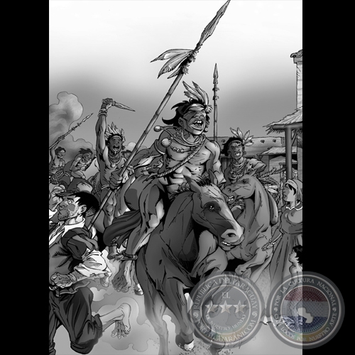 INDIOS GUAYCURÚES INVADIENDO ASUNCIÓN - Ilustración de ROBERTO GOIRIZ