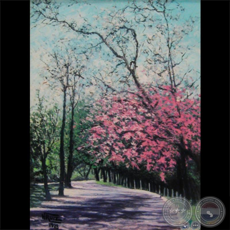 LAPACHOS ROSADOS DEL JARDÍN BOTÁNICO, 1988 - Óleo de HÉCTOR BLAS RUIZ