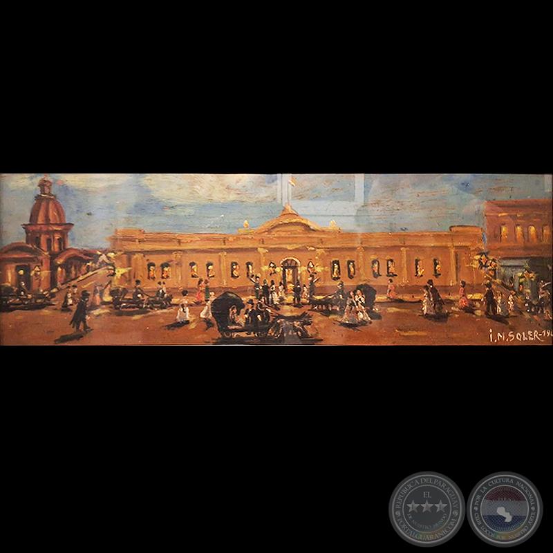 LA ÚLTIMA FIESTA EN EL CLUB NACIONAL EN 1869, 1960 - Óleo de IGNACIO NÚÑEZ SOLER