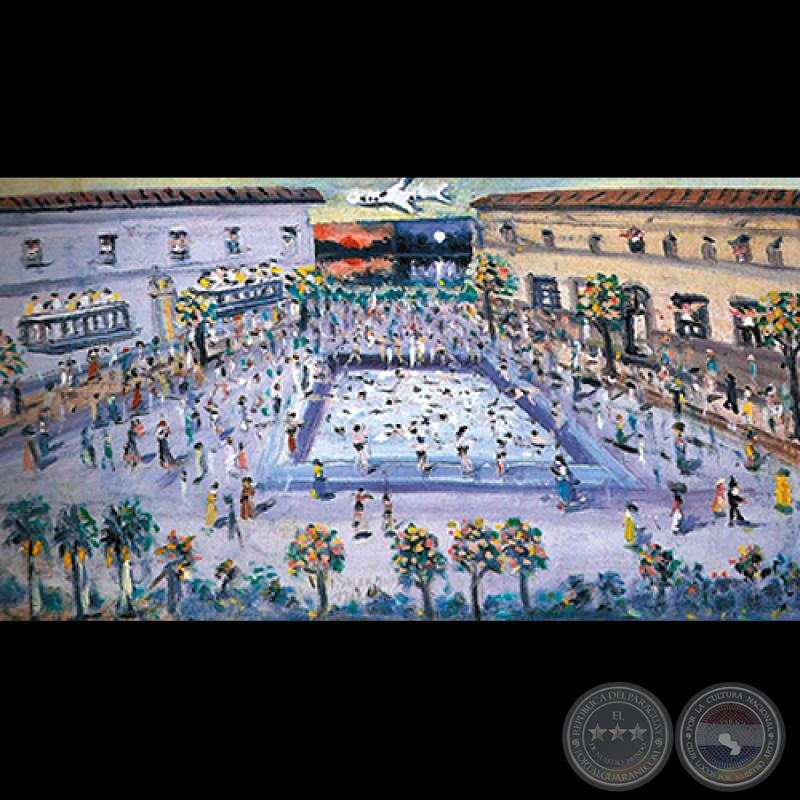 EL INTRÉPIDO SILVIO PETTIROSSI Y LOS HOTELES, Año 1974 - Óleo de IGNACIO NÚÑEZ SOLER