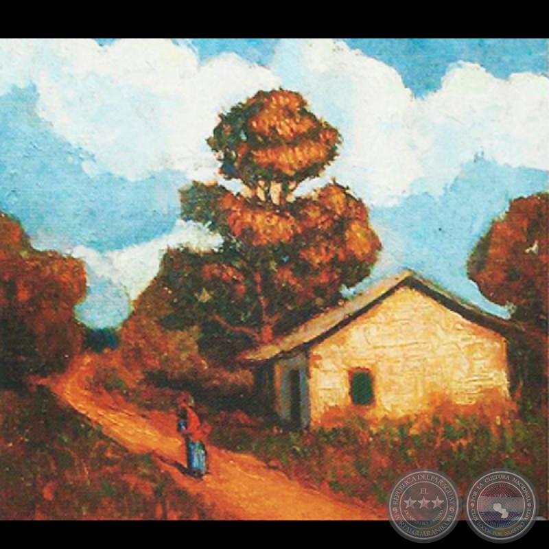MUJER EN EL CAMINO Y EL RANCHO - Óleo de JAIME BESTARD