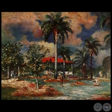 PAISAJE CON CASA Y PALMAS - Óleo de JUAN ANSELMO SAMUDIO - Año 1926