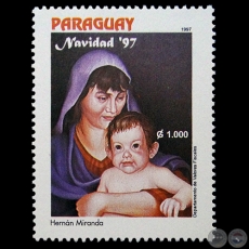 Pintura al leo del artista HERNN MIRANDA - NAVIDAD 1997 - SELLO POSTAL PARAGUAYO AO 1997