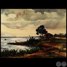 PAISAJE CON RANCHO SOBRE RIBERA DEL RÍO - Acuarela de FRANCISCO TORNÉ GAVALDÁ - Año 1981