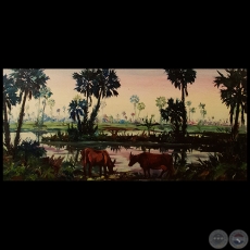 VACAS ABREVANDO - Óleo de FRANCISCO TORNÉ GAVALDÁ - Año 1952