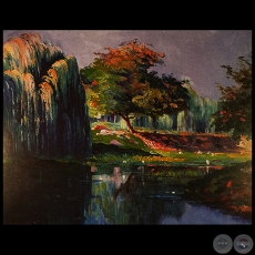 PAISAJE CON SAUCE Y LAGUNA - Óleo de JUAN ANSELMO SAMUDIO - Año 1928