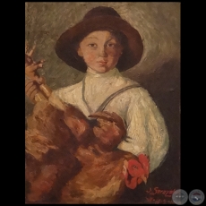 NIO CON GALLO, 1919 - leo sobre madera de JUAN IGNACIO SORAZBAL