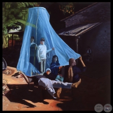 NÁUFRAGOS EN MI PATIO, 1997 - Óleo sobre panel de ENRIQUE COLLAR