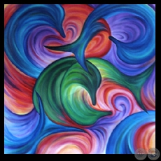 DELFINES EN TORMENTA ANARANJADA, 2003 - Óleo de MERCEDES CENTURIÓN