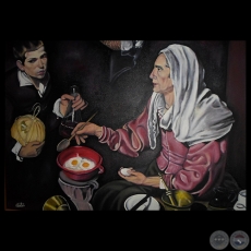 FRIENDO HUEVOS - RÉPLICA OBRA DE VELÁZQUEZ, 2015 - Óleo de NICOLÁS MONGELOS MARTÍNEZ
