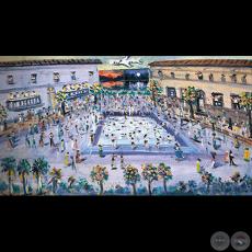 EL INTRÉPIDO SILVIO PETTIROSSI Y LOS HOTELES, Año 1974 - Óleo de IGNACIO NÚÑEZ SOLER