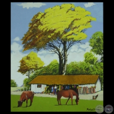 RANCHO CAMPESINO Y LAPACHO AMARILLO - Óleo de RUFINO CARDOZO