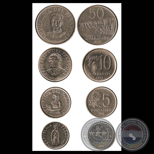 SERIE 1975 - 1, 5, 10 y 50 GUARANÍES - METAL: ACERO