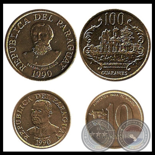 SERIE 1990 - 10 y 100 GUARANÍES - METAL: COBRE, ZINC, NIQUEL / BRONZE