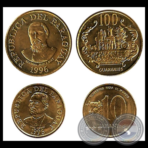 SERIE 1996 - 10 y 100 GUARANÍES - METAL : LATÓN