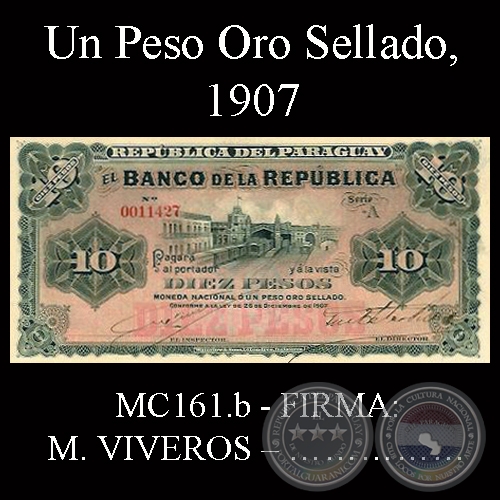 UN PESO ORO SELLADO - FIRMA: M. VIVEROS  