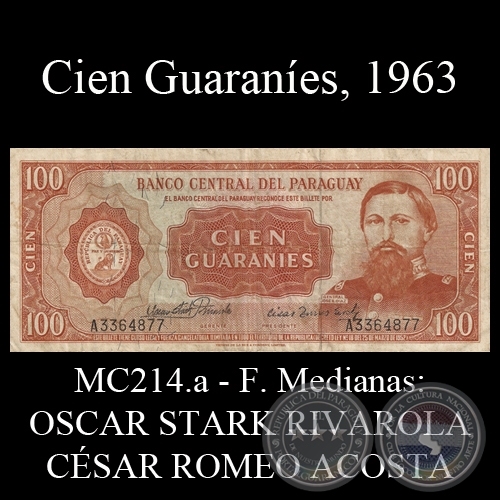 CIEN GUARANÍES - FIRMA: OSCAR STARK RIVAROLA - CÉSAR ROMEO ACOSTA (FIRMAS MEDIANAS)