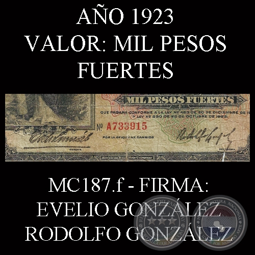 MIL PESOS FUERTES - FIRMA: EVELIO GONZÁLEZ - RODOLFO GONZÁLEZ