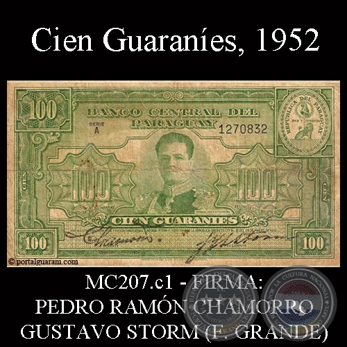 CIEN GUARANÍES - FIRMA: PEDRO RAMÓN CHAMORRO - GUSTAVO STORM (FIRMAS GRANDES)
