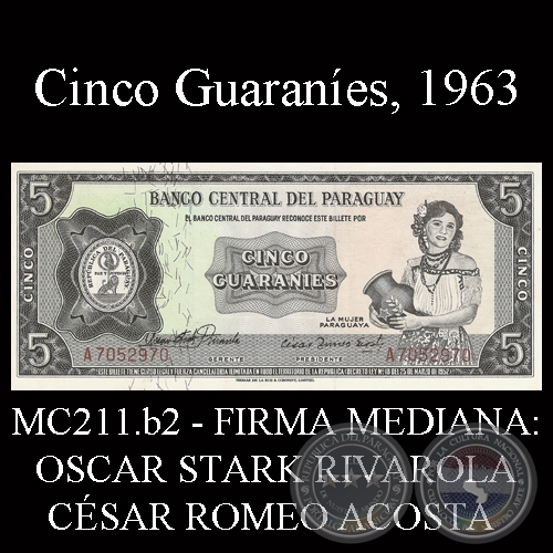 CINCO GUARANÍES - FIRMA: OSCAR STARK RIVAROLA - CÉSAR ROMEO ACOSTA (FIRMAS MEDIANAS)