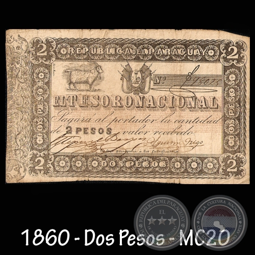 1860 - DOS PESOS - FIRMAS: MIGUEL BERGES – AGUSTÍN TRIGO
