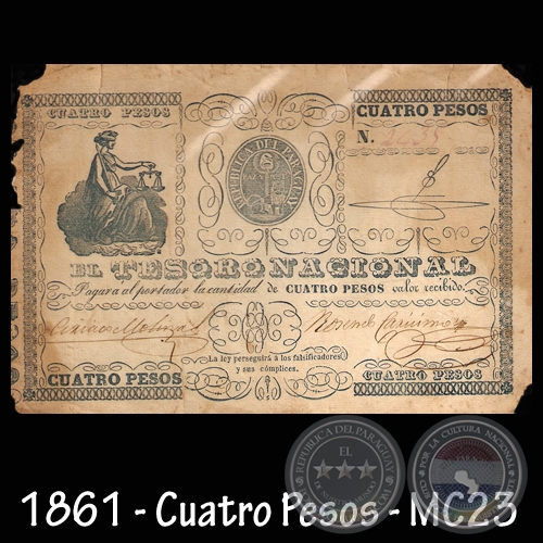 1861 - CUATRO PESOS - FIRMAS: CIRIACO MOLINAS – ROSENDO CARÍSSIMO