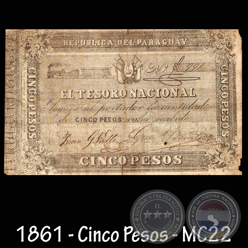 1861 - CINCO PESOS - FIRMAS: JUAN G. VALLE  GUMERSINDO BENTEZ