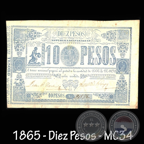 1865 - DIEZ PESOS - FIRMAS: PEDRO PASCUAL HAEDO  FAUSTINO BEDOYA