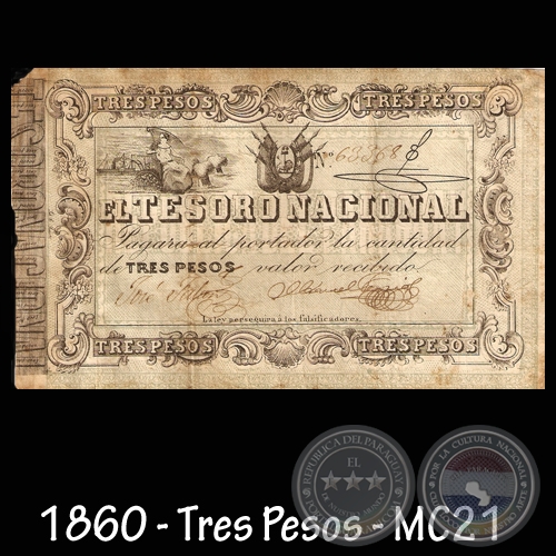 1860 - TRES PESOS - FIRMAS: JOSÉ FALCÓN – MANUEL FERRIOL