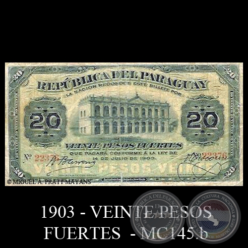 VEINTE PESOS FUERTES - MC145.b - FIRMA: BENIGNO BARRENA – VICTORIO TISCORNIA