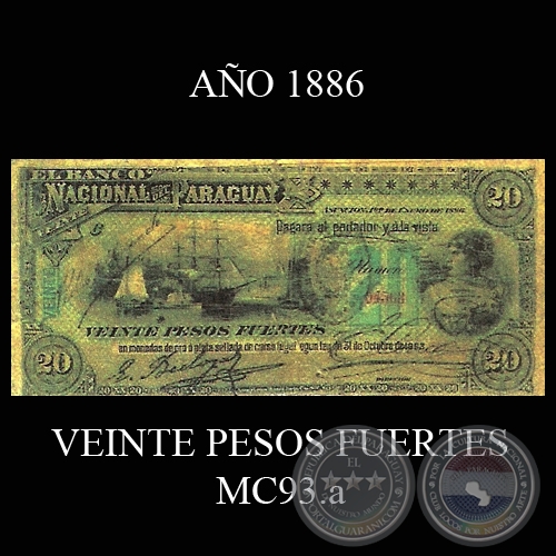 VEINTE PESOS FUERTES - MC93.a - FIRMAS: E. BEDOYA – PEDRO MIRANDA – JOSÉ E. CORREA