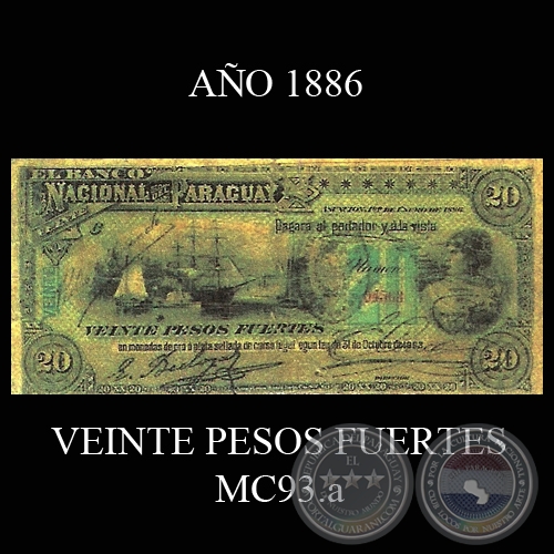 VEINTE PESOS FUERTES - MC93.a - FIRMAS: E. BEDOYA  PEDRO MIRANDA  JOS E. CORREA