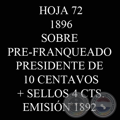 1896 - SOBRE PRE-FRANQUEADO DE 10 CENTAVOS - SELLOS 4 CENTAVOS (1892)