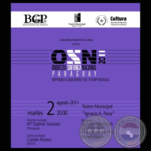 7to. CONCIERTO DE TEMPORADA DE LA OSN, MARTES 2 DE AGOSTO 2011