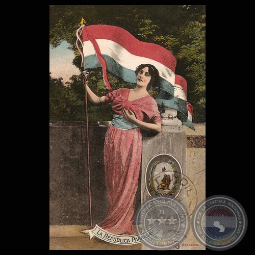 REPÚBLICA DEL PARAGUAY - BANDERA, ESCUDO Y MUJER PARAGUAYA