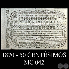1870 - 50 CENTÉSIMOS - MC042 - FIRMAS: TOMÁS GREENSHIELDS y JOSÉ TORIBIO ITURBURU