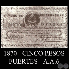 1870 - CINCO PESOS FUERTES - A.A.6 - FIRMAS: TOMÁS GREENSHIELDS - JOSÉ TORIBIO ITURBURU