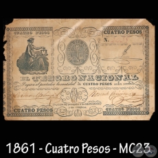 1861 - CUATRO PESOS - FIRMAS: CIRIACO MOLINAS – ROSENDO CARÍSSIMO