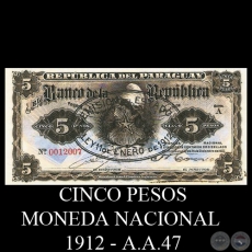 CINCO PESOS MONEDA NACIONAL - RESELLADO A.A.47 - FIRMA: M. VIVEROS - A. CROVATTO