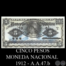 CINCO PESOS MONEDA NACIONAL - RESELLADO A.A.47b - FIRMA: JUAN LEOPARDI - GUILLERMO ALONSO