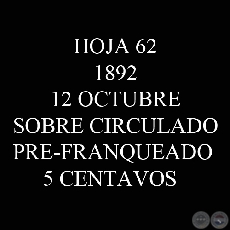 1892 -12 OCTUBRE  SOBRE CIRCULADO PRE-FRANQUEADO 5 CENTAVOS 