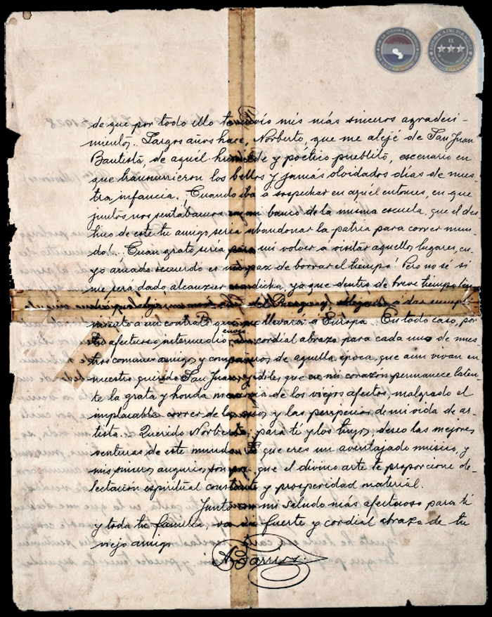 CARTA A NORBERTO CARDOZO - AGUSTÍN BARRIOS - AÑO 1928