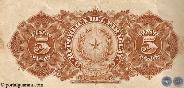 CINCO PESOS MONEDA NACIONAL - RESELLADO A.A.23 - FIRMA: JUAN LEOPARDI - GUILLERMO ALONSO