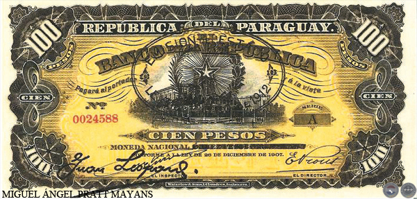 CIEN PESOS MONEDA NACIONAL - RESELLADO A.A.27 - FIRMA: JUAN LEOPARDI - E. PROUS