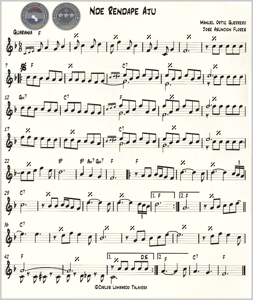 NDE RENDAPE AJU (PARTITURA) - GUARANIA DE MANUEL ORTÍZ GUERRERO