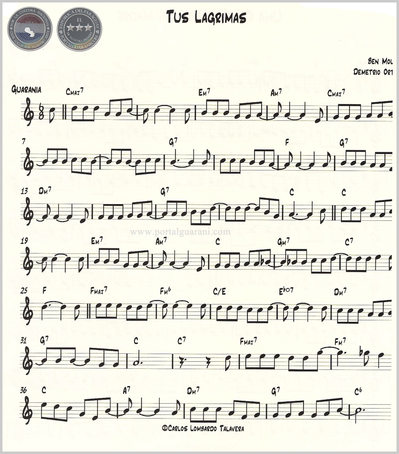 TUS LÁGRIMAS (PARTITURA) - GUARANIA DE BEN MOLAR